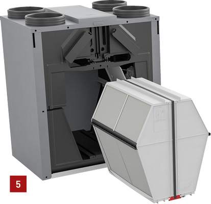 
5 Der Enthalpietauscher gewinnt bis zu 86 % der Wärme und bis zu 73 % der Feuchte zurück.



