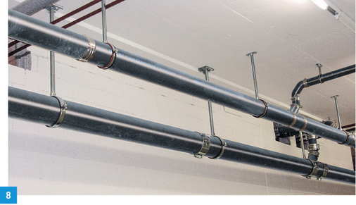 
Nichtbrennbares gusseisernes Abflussrohrsystem mit Sonderbeschichtung Typ MLK-protec der Firma Düker.



