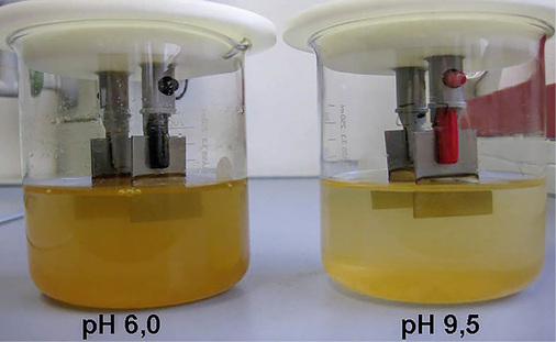 
Niedrig legierter Stahl nach 18 Stunden in chloridhaltigem Leitungswasser bei saurem (6,0) und basischem (9,5) pH-Wert. Bereits die unterschiedliche Braunfärbung der Flüssigkeit zeigt, dass im sauren Bereich deutlich mehr Eisen (ca. 400 %) aus der Probe austritt als bei einem passivierenden alkalischen pH-Wert.



