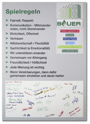 
Ein weiteres Ergebnis aus dem Coaching: Gemeinsam mit Hermann-J. Kreitmeir wurden „Spielregeln“ für die Zusammenarbeit im Unternehmen aufgestellt. Alle Mitarbeiter haben unterschrieben.



