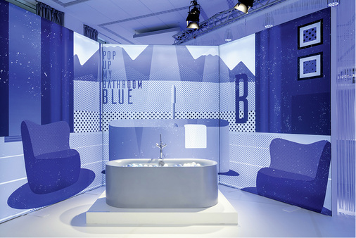 <p>
Pop-up-Inspiration „Blau“ zur ISH 2019: Farbanbieter haben die Palette der Blautöne in den letzten Jahren sehr modernisiert. Entstanden sind nicht nur innovative Wandfarben, sondern auch neue Farbvarianten bei Fliesen mit wohnlicher Wirkung.
</p>

<p>
</p> - © VDS / Pop up my bathroom

