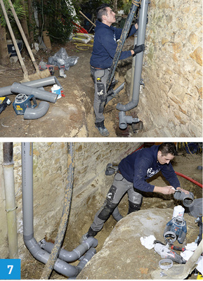 
7 Jetzt werden die Rohleitungen für Zuläufe, Lüftung und Ablauf vorbereitet und montiert. Sanifos 500 verfügt über insgesamt sechs Einlässe mit Durchmessern von DN 40/50 mm bis DN 110/125 mm, zur Be- und Entlüftung sind zwei Anschlüsse (75 mm) vorgesehen. Das schwarze Rohr mit der blauen Linie führt zum Abwasserkanal.



