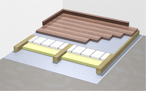 
Der Systemaufbau der Unterkonstruktion mit dem System Tempus Dry von Herotec. Die Dämmplatten für die Rohre stehen je nach Aufbauhöhe in verschiedenen Stärken zur Verfügung.



