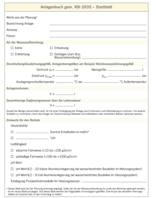 <p>
</p>

<p>
Auszug aus dem Anlagenbuch in Anlehnung an die VDI 2035. Das Startblatt dokumentiert die Ergebnisse der Planung.
</p> - © ZVSHK

