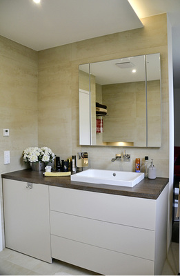 



Konsolen lassen sich bei der Integration nutzen: Im Bild eine Konsolenanlage mit Halbeinbauwaschtisch und Waschmaschinenumbau.
