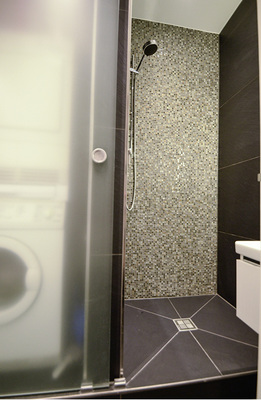 



Die satinierte Glastür schiebt sich entweder vor den Hauswirtschaftsraum oder vor die Dusche. Je nach Bedarf.
