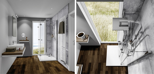 
Einfach weg: Duschkabinen wie die Aperto Fensterlösung (HSK) lassen sich durch flexible Scharniere komplett im Duschbereich an die Wand klappen.



