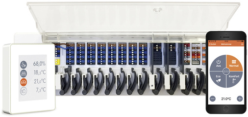 
Das Regelsystem Caleonbox mit installationsfreundlicher Klemmleiste, Raumcontroller Smart Room und Smartphone-App.



