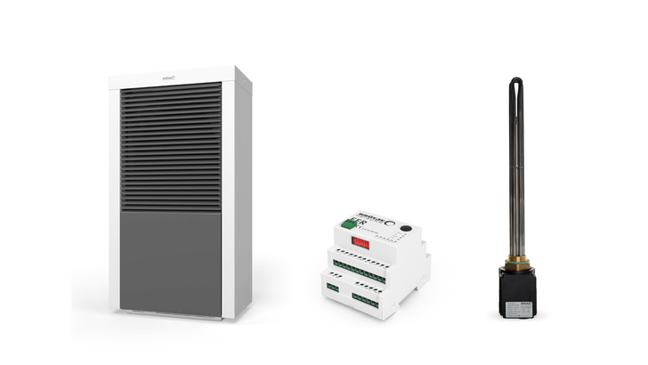 Mit dem Hutschienen-Regler EER (Mitte) lässt sich Verteilung von Eigenstromüberschuss ganz leicht automatisieren. Je nach Einstellung werden zum Beispiel eine Wärmepumpe (links), ein mehrstufiger E-Heizstab (rechts) oder beide Komponenten aktiviert. - © August Brötje GmbH, Rastede