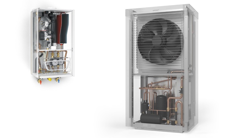 Ein perfektes Paar im Hybrid-Betrieb: Der WGB EVO (links) verfügt über eine automatische Verbrennungs-Optimierung. Die superleise Luft-/Wasser-Wärmepumpe BLW NEO (rechts) punktet mit im Verbund arbeitenden Wärmetauschern.