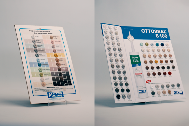 Zwei Farbmustertafeln für Dichtstoffe, die verschiedene Farbtöne zeigen und mit OTTO CHEMIE und OTTOSEAL S100 beschriftet sind. - © OTTO-CHEMIE