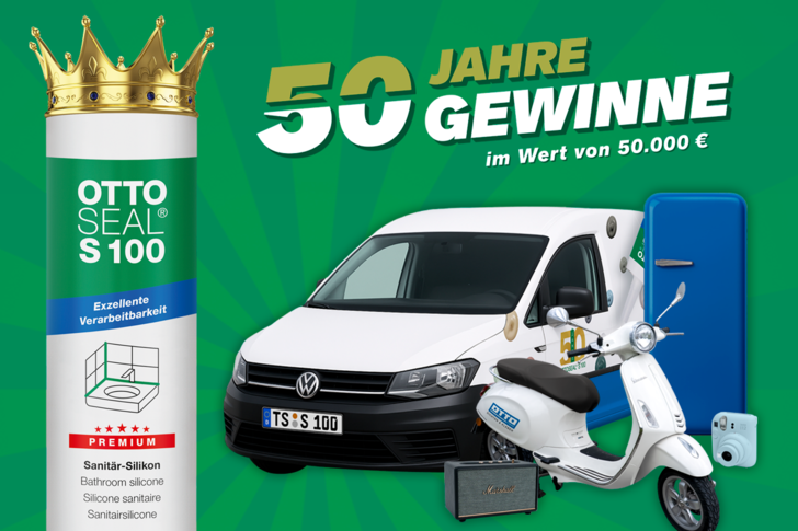 Otto Seal S100, ein Lieferwagen, ein Motorroller, ein Lautsprecher und ein Kühlschrank, mit dem Text "50 Jahre Gewinne" auf grünem Hintergrund. - © OTTO-CHEMIE