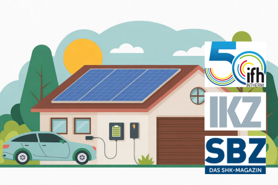 Ein Haus mit Sonnenkollektoren, ein Elektroauto und Veranstaltungslogos: IFH, IKZ, und SBZ auf der rechten Seite. - © Adobe Stock / Kashif