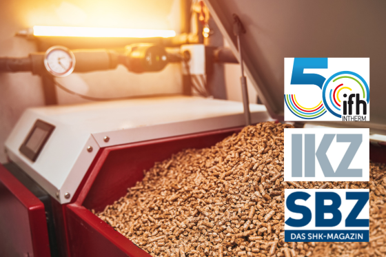 Eine Biomasse-Pellet-Heizanlage mit Messgeräten, rechts die Logos von ifh/intherm, IKZ und SBZ. - © Adobe Stock / AlexGo