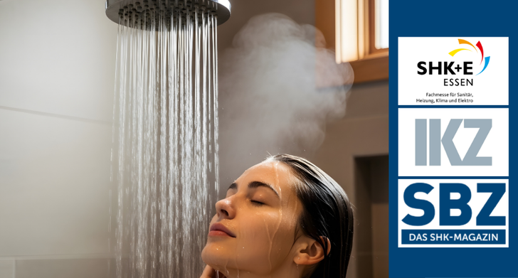 Eine Frau genießt eine warme Dusche; rechts sind die Logos von SHK+E Essen, IKZ und SBZ zu sehen. - © Adobe Stock / narumiaegis