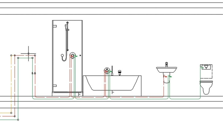 4 Durchgeschleifte Reihenleitung mit Hauptverbraucher am Ende — hier: ein WC — in einer für Einfamilienhäuser typischen Nutzereinheit. - Viega - © Viega
