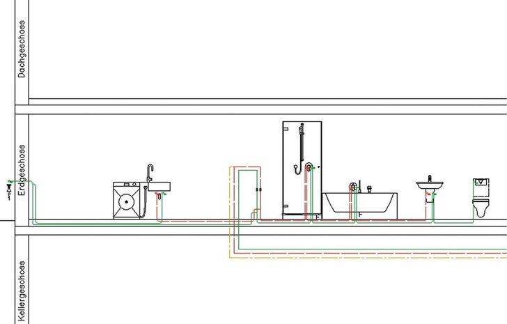8 Aus dem vollen Installationsprogramm mit Einzel-, ­Reihen- und Ringleitung kann bei dieser für Einfamilienhäuser typischen Konfiguration geschöpft werden. - Viega - © Viega
