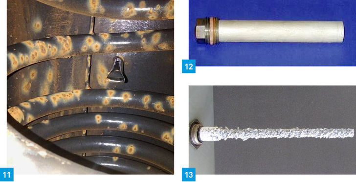 11 Warmwasserspeicher mit Korrosionsschäden.<br />12 Neue Magne­sium-Anode.<br />13 Aufgezehrte Anode. - © Magontec
