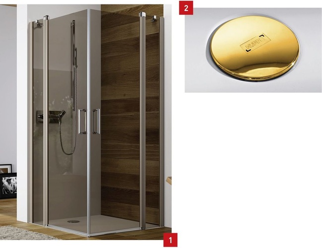1 Passend zum Trend, natürliche Holz- und Brauntöne im Bad einzusetzen, gibt es für die Duschabtrennungen der Serie Hüppe ­Design neue Profil- und Glasfarben.2 Die neuen Ablaufkappen der Hüppe Easystep gibt es in Weiß oder Gold und rund bzw. eckig.