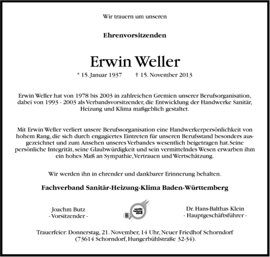 Erwin Weller Traueranzeige - SBZ