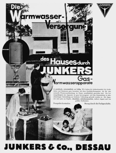 Werbeanzeige von Junkers & Co. mit dem für Walter Gropius errichteten Direktorenhaus aus dem Jahr 1929. - © Junkers
Werbeanzeige von Junkers & Co. mit dem für Walter Gropius errichteten Direktorenhaus aus dem Jahr 1929. - Junkers
