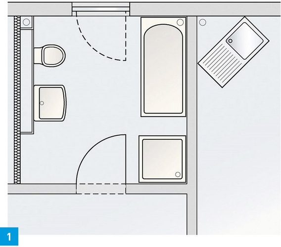 Typischer Grundriss im Mehrfamilienhaus. Ein Bad mit angrenzender ­Küche. Direkt neben dem WC als Hauptverbraucher liegt der Versorgungsschacht.