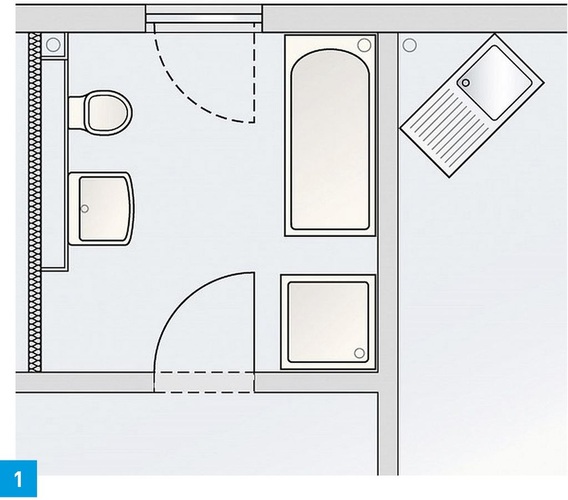 Typischer Grundriss im Mehrfamilienhaus. Ein Bad mit angrenzender Küche. Direkt neben dem WC als Hauptverbraucher liegt der Versorgungsschacht. Typischer Grundriss im Mehrfamilienhaus. Ein Bad mit angrenzender Küche. Direkt neben dem WC als Hauptverbraucher liegt der Versorgungsschacht.