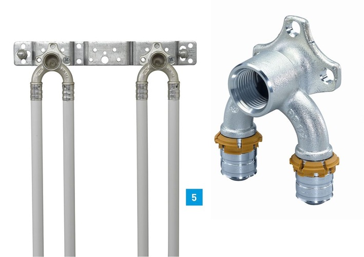 Uponor U-Wandscheiben für die hygienische Anbindung von Trinkwasseranschlüssen in Durchschleif-, Reihen- und Ringinstallation.