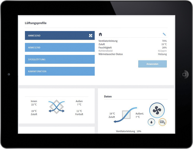 Die selbsterklärende Menüführung der Anwendung Myvallox für Tablet und Smartphone ermöglicht die Steuerung des Lüftungsgerätes von überall und liefert alle relevanten Informationen auf einen Blick. - Heinemann