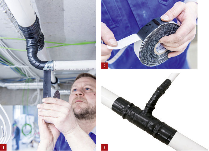 1 Bei Geberit-Mapress-C-Stahl wird der Fitting durch eine Dichtbandage in den Komplettschutz einer Leitung einbezogen.

2 Die Dichtbandage aus Butylkautschuk lässt sich von der Rolle in Breiten von 3 bzw. 5&nbsp;cm verarbeiten.

3 Das Material der Dichtbandage verschweißt sich zu einer verlässlichen Dichtung.
