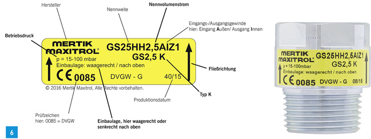 



Das Typenschild des Gasströmungswächters liefert wichtige Informationen, die zur Wahl der richtigen Größe und der richtigen Einbaulage erforderlich sind.
