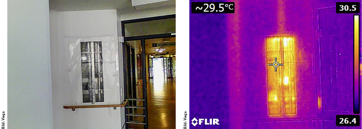 Die gemischte Schachtbelegung von warm- und kaltgehenden Leitungen führt dazu, dass sich das Trinkwasser kalt stark erwärmt. Hinzu kommen oft Wärmelasten in abgehängten Decken und gedämmten Vorwänden. Die thermografische Aufnahme macht dieses Problem sichtbar.
