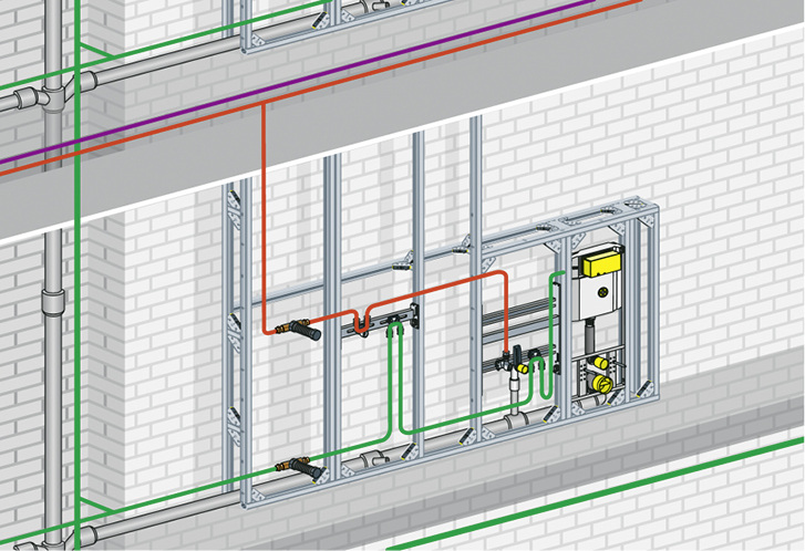 
Lösungskonzept, um den Wärmeübergang auf Trinkwasser kalt (PWC) zu reduzieren: Die PWC-Leitungen in Bodennähe verlegen und Trinkwasser warm von oben als Einzelzuleitung in Reihe zu den Entnahmestellen führen.



