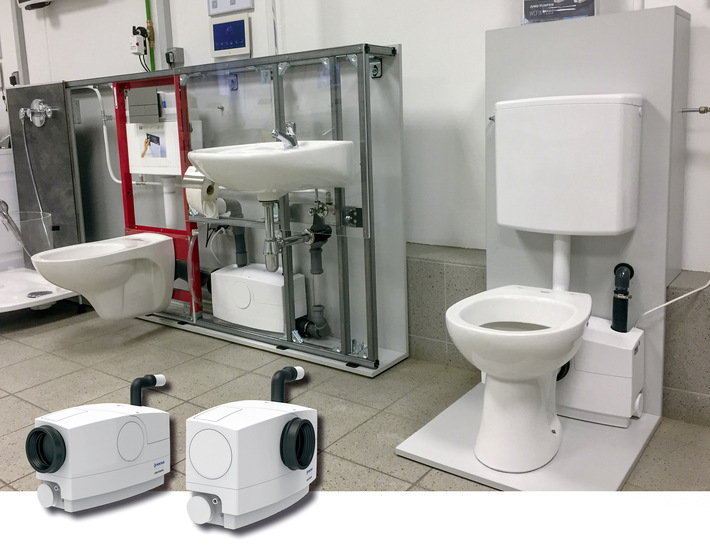 Bild 1:  Kleinhebeanlagen zur Förderung und Entsorgung von fäkalienhaltigen Abwässern aus WC sowie Dusche, Bidet und Waschbecken.