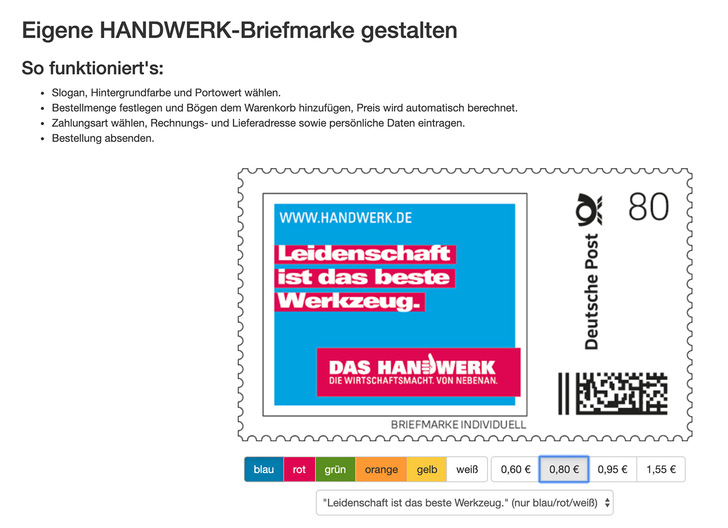 Individuell gestaltete Post für den Kunden: Auch die Briefmarke kann Botschafter für handwerkliche Qualitätsarbeit sein.