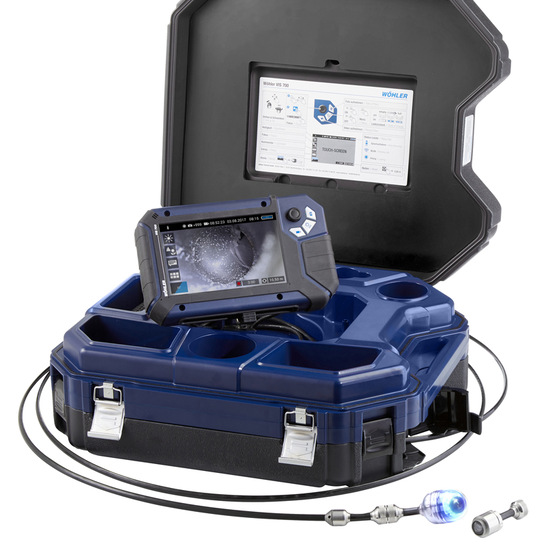 Wöhler Videoinspektionssystem mit unterschiedlichen Kameraköpfen im Koffer, mit neuer HD-Technologie und Fokusfunktion