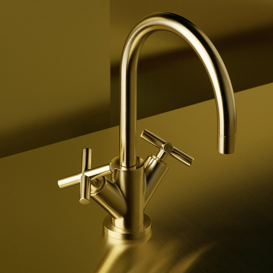 Tara: Markenzeichen der Armaturenserie sind die ausgewogenen Proportionen, charakteristische Kreuzgriffe und ein markanter, halbrunder Auslauf. Ihre stilprägende Form wurde vielfach ausgezeichnet und weltweit ebenso oft kopiert.