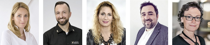 Ausgezeichnet (von links): Claudia Altrichter (Gerhard Elsässer GmbH), Christian Fischer (myFischer – Die Badgestalter), Stefanie Cáceres Sánchez (Fred Weber GmbH), Jochen Schmitt (smr – Die ­Badgestalter), Kirsten Wellner (Wellner – Die Badgestalter). 					    
