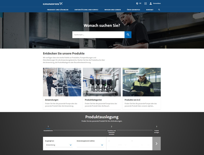 Das auffälligste Merkmal der neuen Grundfos-Website ist das zentrale Suchfeld.