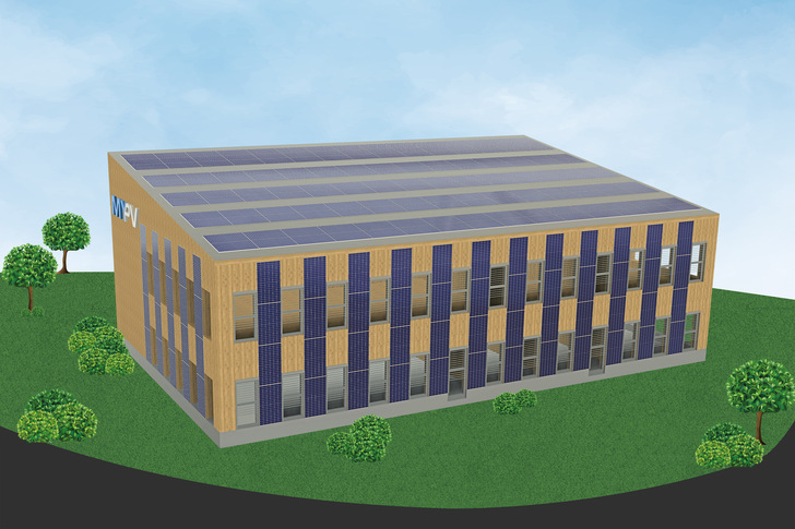Solarelektrisches Firmengebäude: Auf dem Dach und an der Fassade werden rund 300 Solarmodule installiert. - © My-PV
