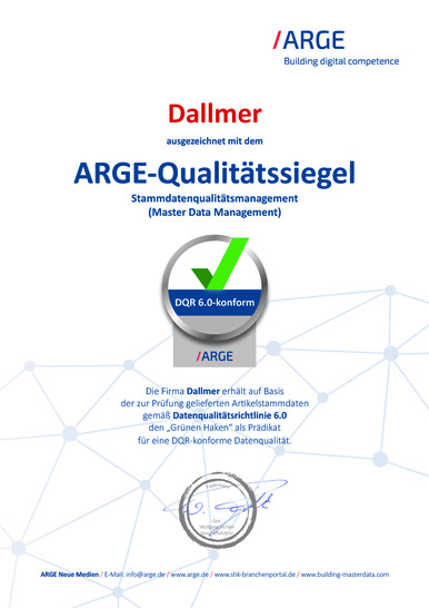 Entwässerungsspezialist Dallmer ist für seine optimale Datenqualität der Artikelstammdaten mit dem ARGE-Qualitätssiegel ausgezeichnet worden. - © Dallmer GmbH + Co. KG
