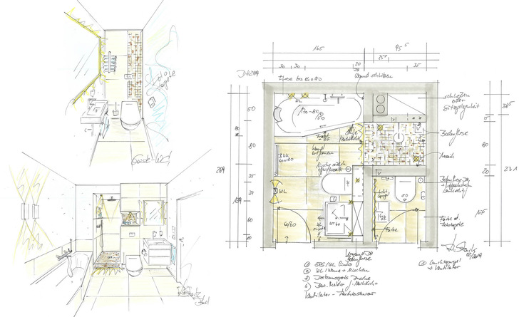 Bad und Gäste-WC bleiben getrennte Räume, aber mit einer anderen Flächenverteilung: Das Gäste-WC „schrumpft“, der gewonnene Raum wird dem Hauptbad zugeschlagen. In die Nische kommt eine Dusche, die es vorher im Bad nicht gab. Die neue trapezförmige Badewanne erleichtert den Zugang. Aus verständlichen Gründen der Intimität sollte das Gäste-WC unbedingt für die Gäste des Hauses beibehalten werden, um das Badezimmer ausschließlich für den Privatgebrauch vorsehen zu können.