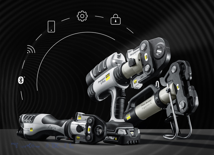 Die „Pressgun 6 Plus“ und die „Pressgun Picco 6 Plus“ sind smart geworden: Sie können per Bluetooth und Viega-App auf dem Smartphone individualisiert werden.