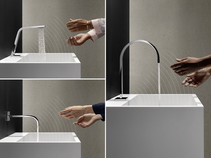 Berührungslose Armaturen (hier Touchfree von Dornbracht) werden zunehmend in privaten Haushalten eingesetzt: Aufgrund der fortschreitenden Miniaturisierung der Sensortechnologie kann das Design der Armaturen dem Umfeld der Architektur angepasst werden.