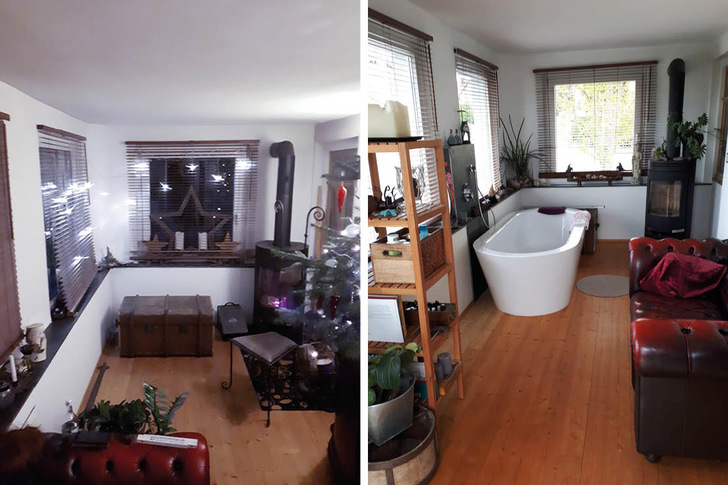 Das eigentliche Badezimmer bot nicht genug Fläche für eine Badewanne. Und selbst wenn: Der Platz vorm Kamin ist einfach unschlagbar.