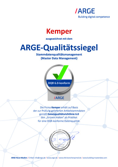 Kemper ist mit dem Qualitätssiegel der „ARGE Building Digital Competence“ für 100 % gepflegte Produktdaten ausgezeichnet worden.