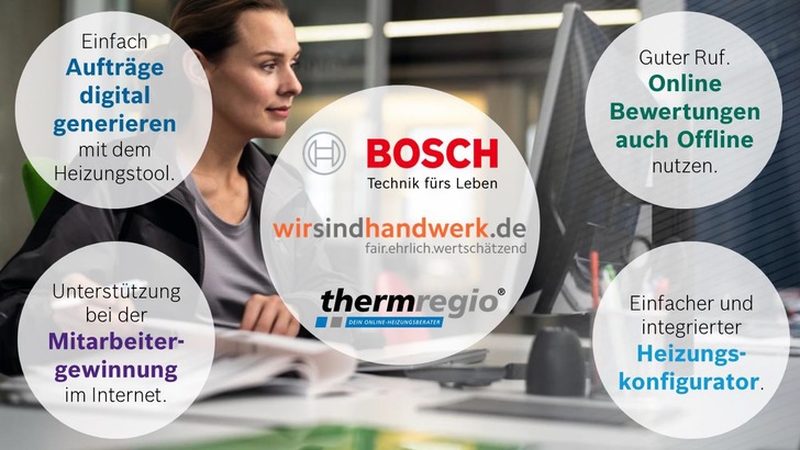 Durch die Kooperation von Bosch, wirsindhandwerk.de und thermregio können Installateure ihre Kunden- und Mitarbeitergewinnung, ihre Bewertungen im Internet und ihre Heizungskonfigurierung auf einer gemeinsamen Plattform nutzen. - © Bosch
