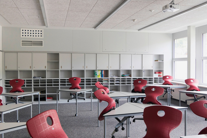 Schullüftung quasi ohne Raumverlust: An der hinteren Wand sind von der dezentralen Anlage mit einem FVS-Eco2School-600-Gerät (LTG) ­lediglich die Luftdurchlässe (links) und die ­Revisionsklappen (rechts über der Regalwand) zu erkennen. ﻿