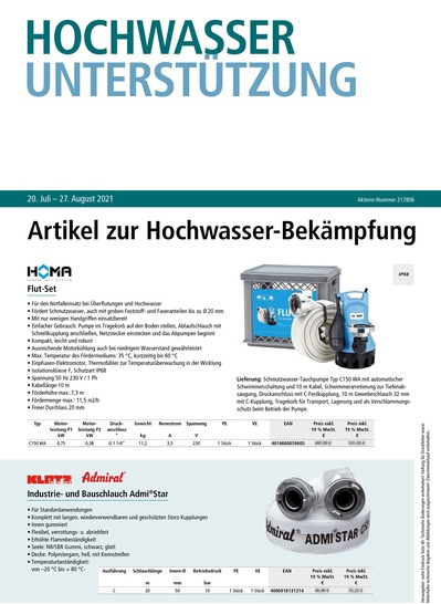 Die E/D/E Broschüre mit dem speziellen Hochwassersortiment: Insgesamt umfasst das Angebot weit über 400 Artikel in den Bereich Hochwasserbekämpfung, Reinigung und Nachsorge. Das spezielle An-gebot ist in einer eigenen Broschüre auf 68 Seiten zusammengefasst und steht allen E/D/E Mitgliedern zur Verfügung.