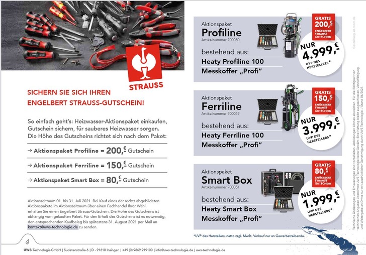 Das UWS Technologie Aktionspaket „Heizwasser“ bietet Engelbert Strauss-Gutscheine im Wert von 80 € bis 200 €. Der Aktionszeitraum läuft noch bis 31. Juli 2021. - © UWS / Engelbert Strauss
